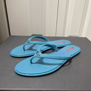 NEW PRADA Teal Blue Rubber Flip Flops Sandals Sz IT 40/US 9.5-10